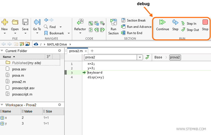 debug in Matlab graphical interface