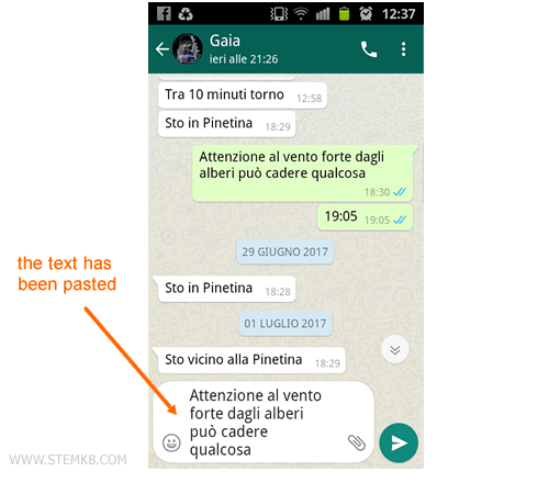 the text message has been pasted