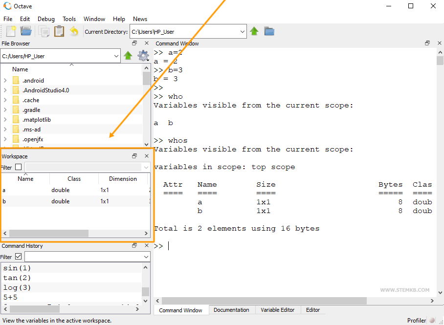 list of variables in the workspace